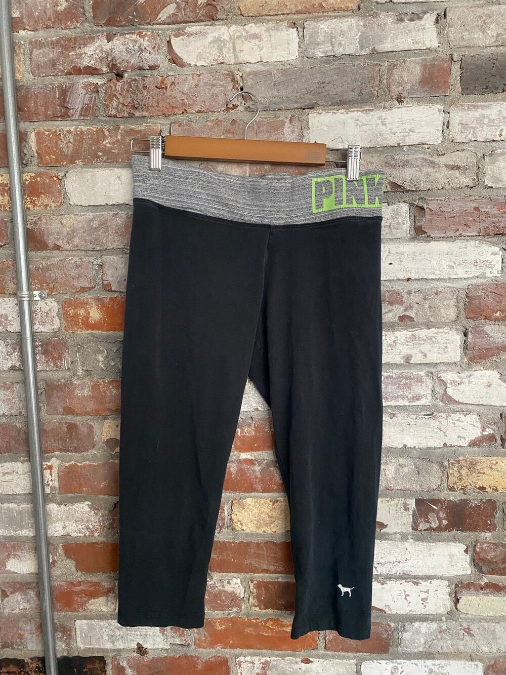 PINK Victoria's Secret Black Yoga Crop Leggings Size Medium Neon Green Logo